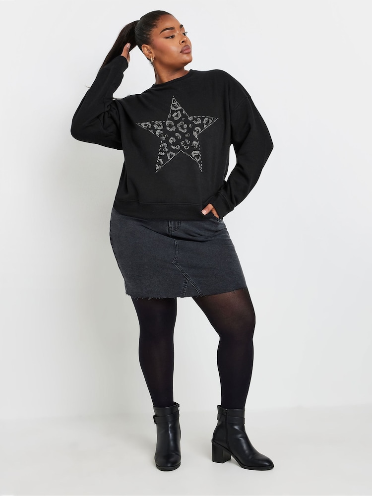 Yours Curve Black Diamante Leopard Print Sweatshirt - Image 2 of 5