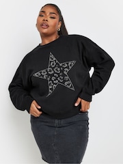 Yours Curve Black Diamante Leopard Print Sweatshirt - Image 4 of 5