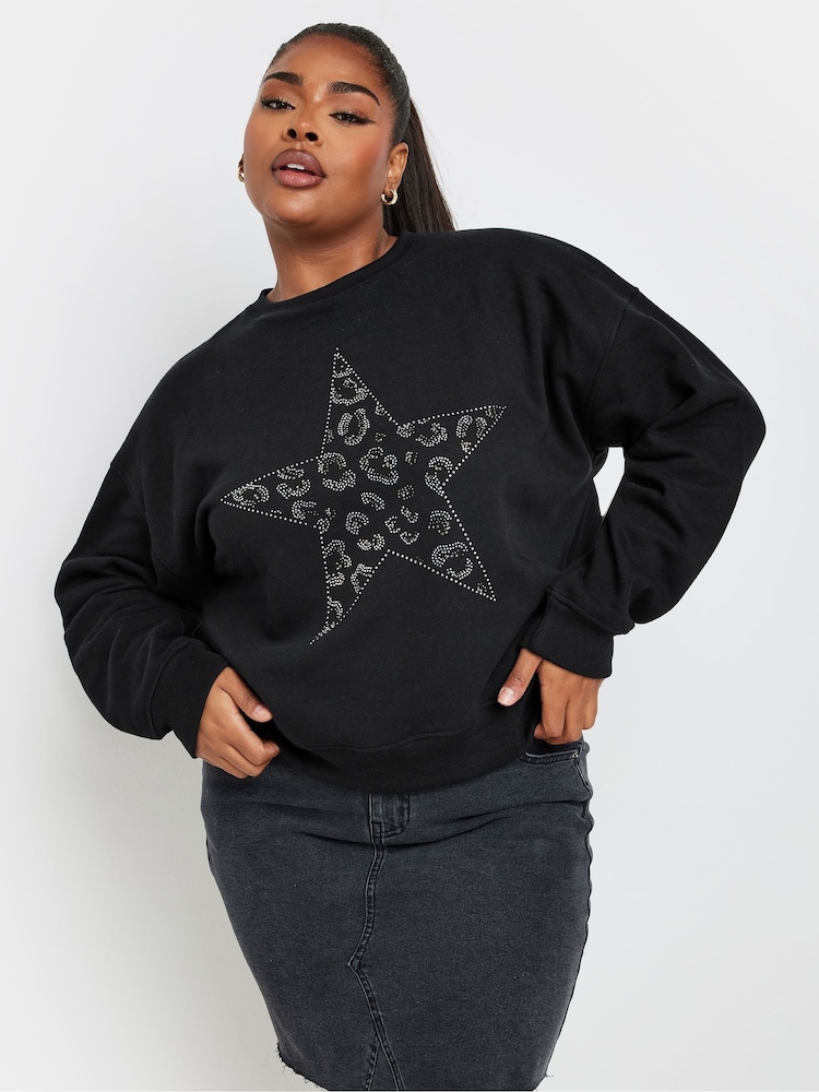 Yours Curve Black Diamante Leopard Print Sweatshirt - Image 4 of 5