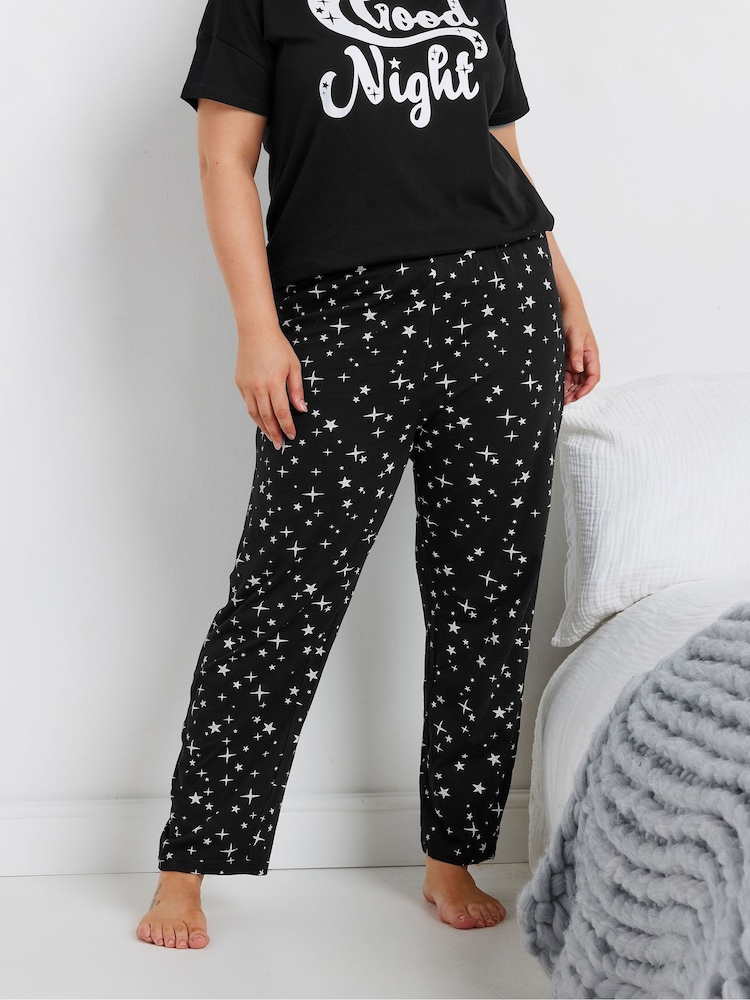 Yours Curve Black 100% Cotton Sparkly Star Wide Pyjamas Pants - Image 1 of 5