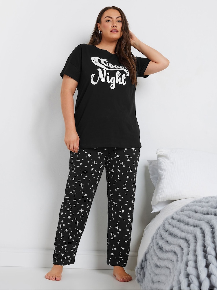 Yours Curve Black 100% Cotton Sparkly Star Wide Pyjamas Pants - Image 2 of 5