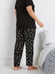 Yours Curve Black 100% Cotton Sparkly Star Wide Pyjamas Pants - Image 3 of 5