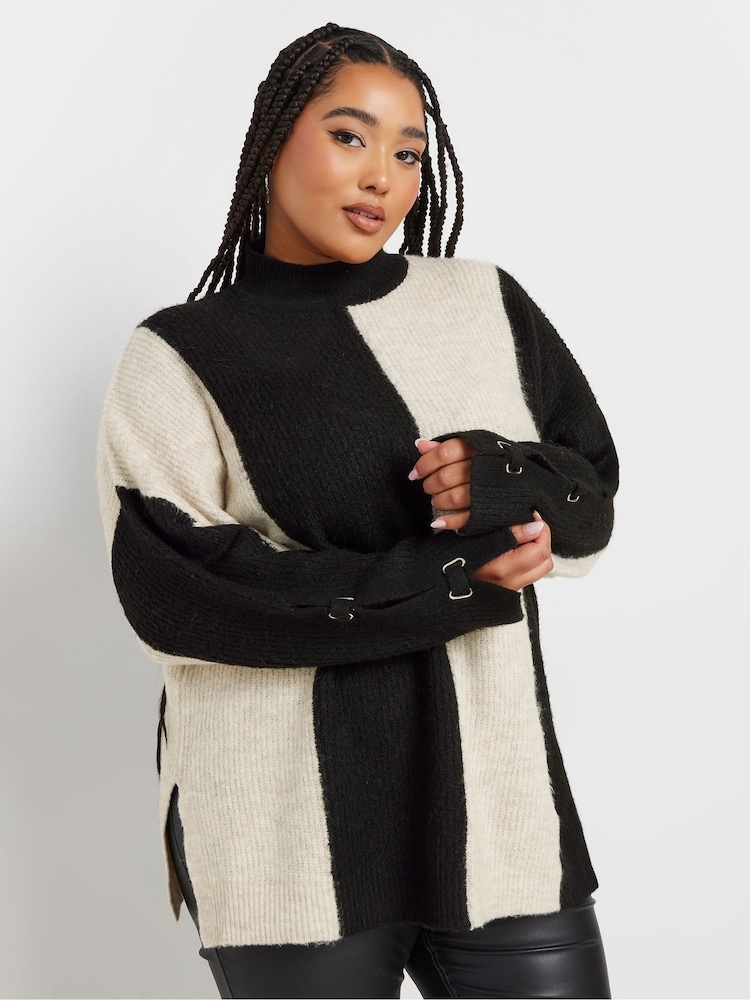 Yours Curve Black Highneck Vertical Stripe Jumper - Image 2 of 6