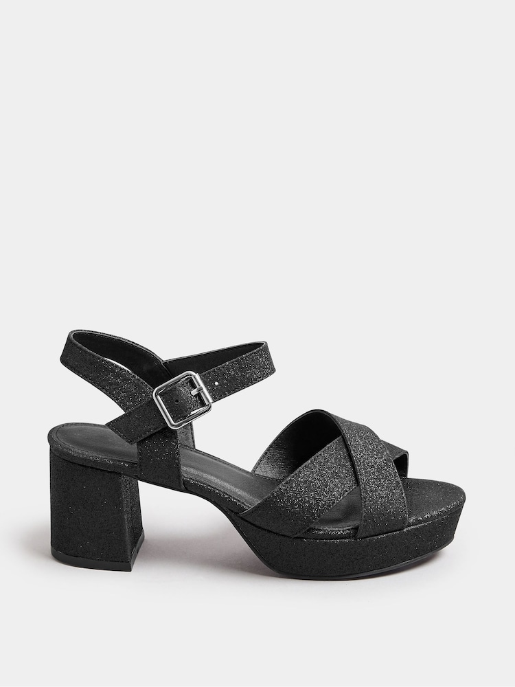 Yours Curve Black Extra Wide Fit Extra Wide Fit Glitter Cross-Over Strap Heels - Image 2 of 5