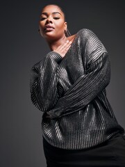 Yours Curve Black Foil Knit Jumper - Image 1 of 6