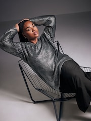 Yours Curve Black Foil Knit Jumper - Image 3 of 6