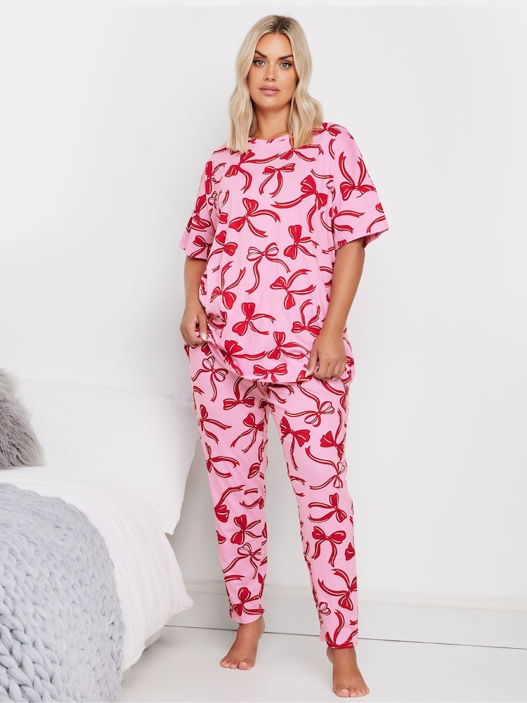 Yours Curve Pyjama-Set mit kurzen Ärmeln und konischem Schnitt aus 100 % Baumwolle mit Schleifen - Bild 2 von 5 Yours Curve Pyjama-Set mit kurzen Ärmeln und konischem Schnitt aus 100 % Baumwolle mit Schleifen - Bild 2 von 5