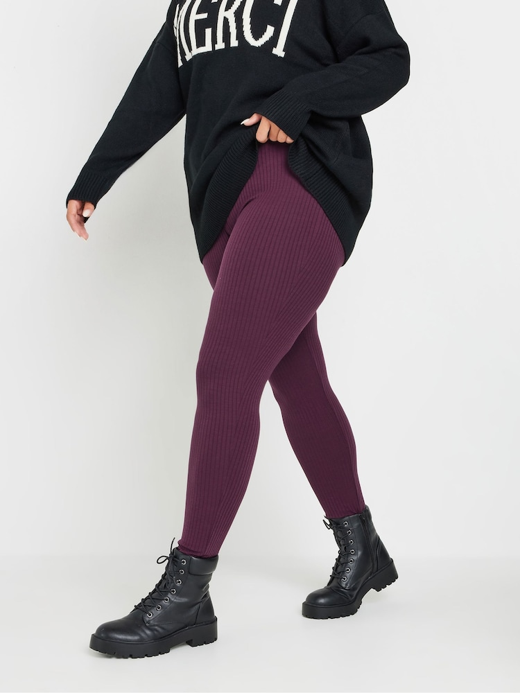 Yours Curve Purple Ribbed Leggings - Image 1 of 5