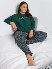 Yours Curve Green 100% Cotton Star Check Long Sleeve Wide Leg Pyjamas Set - Image 1 of 5