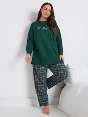 Yours Curve Green 100% Cotton Star Check Long Sleeve Wide Leg Pyjamas Set - Image 2 of 5