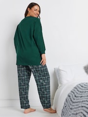 Yours Curve Green 100% Cotton Star Check Long Sleeve Wide Leg Pyjamas Set - Image 3 of 5