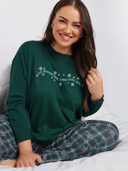 Yours Curve Green 100% Cotton Star Check Long Sleeve Wide Leg Pyjamas Set - Image 4 of 5