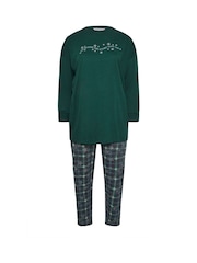 Yours Curve Green 100% Cotton Star Check Long Sleeve Wide Leg Pyjamas Set - Image 5 of 5