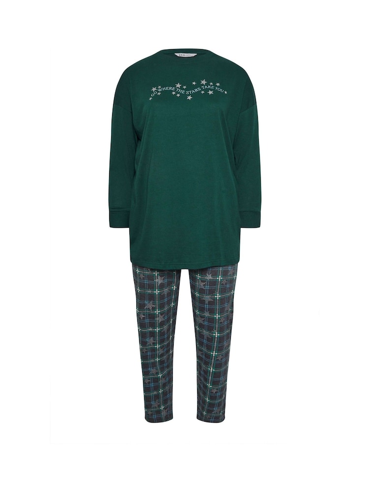 Yours Curve Green 100% Cotton Star Check Long Sleeve Wide Leg Pyjamas Set - Image 5 of 5