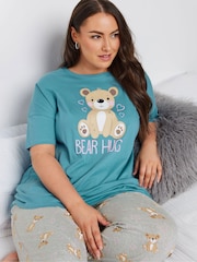 طقم بيجامة بكُم قصير ورِجل واسعة من القطن 100% بتصميم Bear Hugs من Yours Curve - صورة 4 من 5