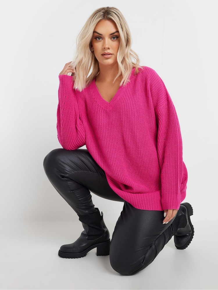 Yours Curve Pink V-Neck Drop Shoulder Jumper - Image 1 of 6