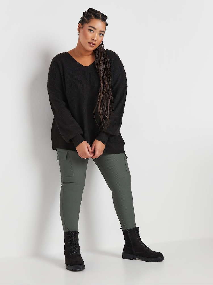 Yours Curve Grey Cargo Ribbed Leggings - Image 2 of 5