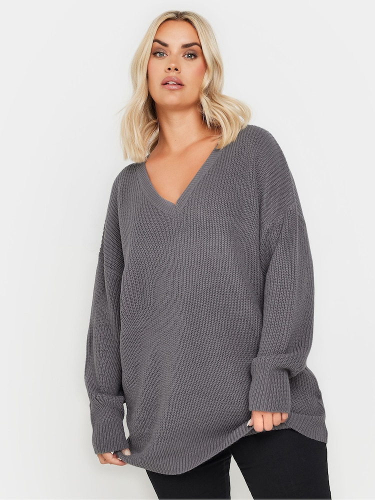 Yours Curve Grey V-Neck Drop Shoulder Jumper - Image 1 of 5 Yours Curve Grey V-Neck Drop Shoulder Jumper - Image 1 of 5