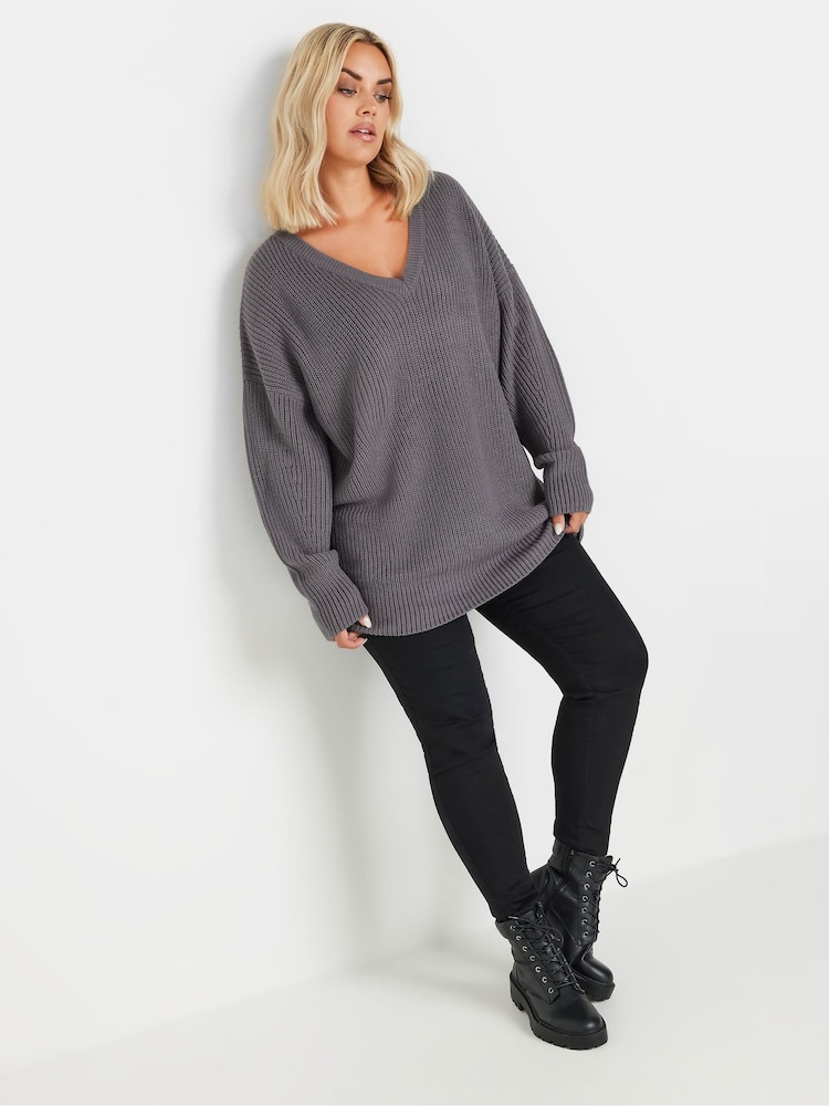 Yours Curve Grey V-Neck Drop Shoulder Jumper - Image 2 of 5 Yours Curve Grey V-Neck Drop Shoulder Jumper - Image 2 of 5