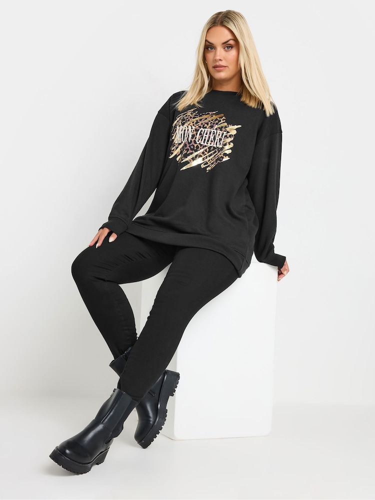 Yours Curve Black Leopard Print 'Mon Cheri' Graphic Sweatshirt - Image 2 of 6