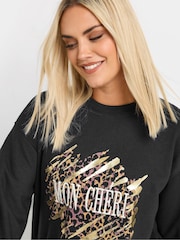 Yours Curve Black Leopard Print 'Mon Cheri' Graphic Sweatshirt - Image 5 of 6