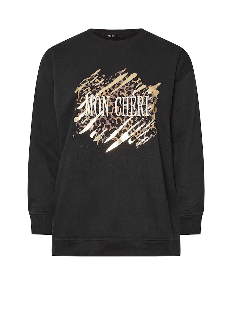 Yours Curve Black Leopard Print 'Mon Cheri' Graphic Sweatshirt - Image 6 of 6