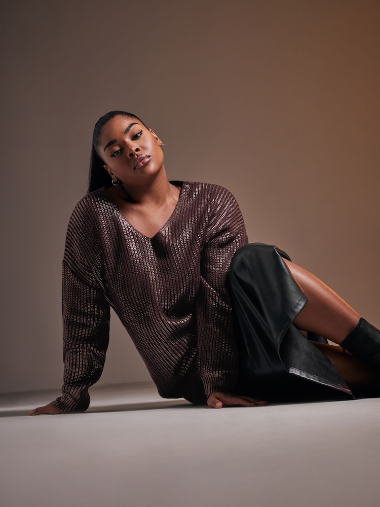 Yours Curve Purple Foil Knit Jumper - Image 1 of 6