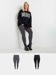 Yours Curve Dark Black Ribbed Leggings 2 Pack - Image 1 of 7