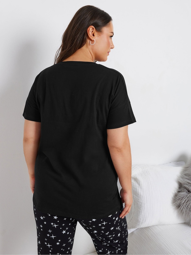 Yours Curve Black 100% Cotton Goodnight Payjama Sleep T-Shirt Nightie - Image 3 of 5
