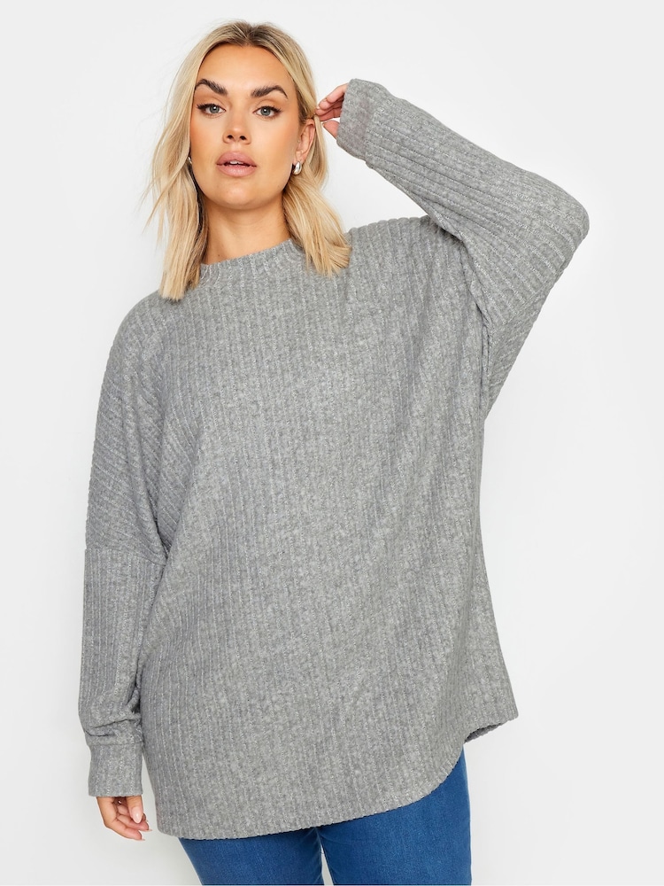 Yours Curve Grey Ribbed Soft Touch Jumper - Image 1 of 5