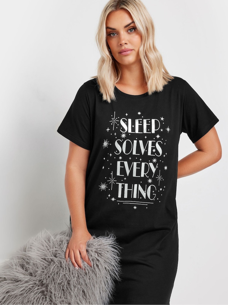 Yours Curve Black 100% Cotton Sleep Solves Everything Midaxi Nightdress - Image 1 of 5
