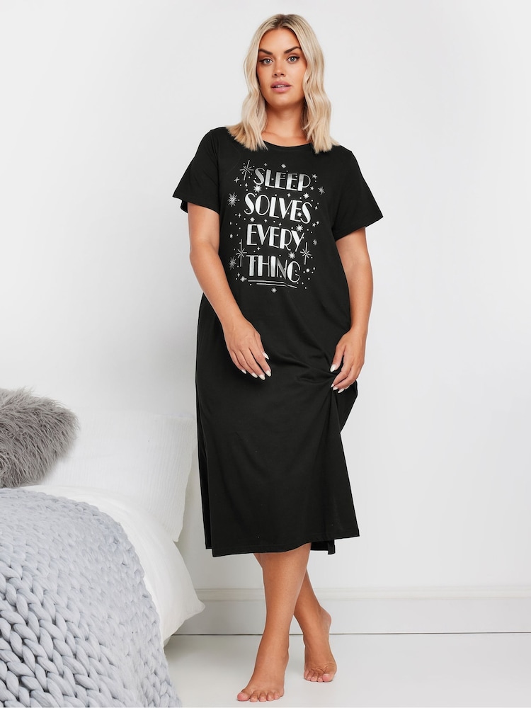 Yours Curve Black 100% Cotton Sleep Solves Everything Midaxi Nightdress - Image 2 of 5