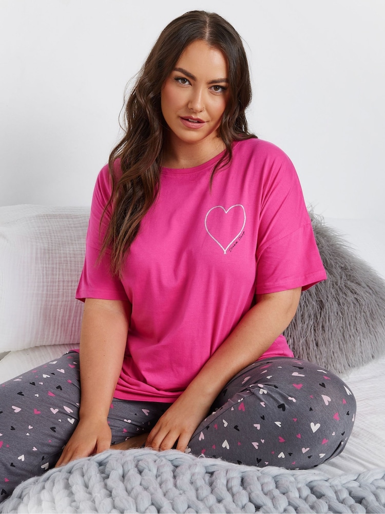 Yours Curve Pink 100% Cotton Embroidered Heart Sleeptee Top - Image 1 of 5