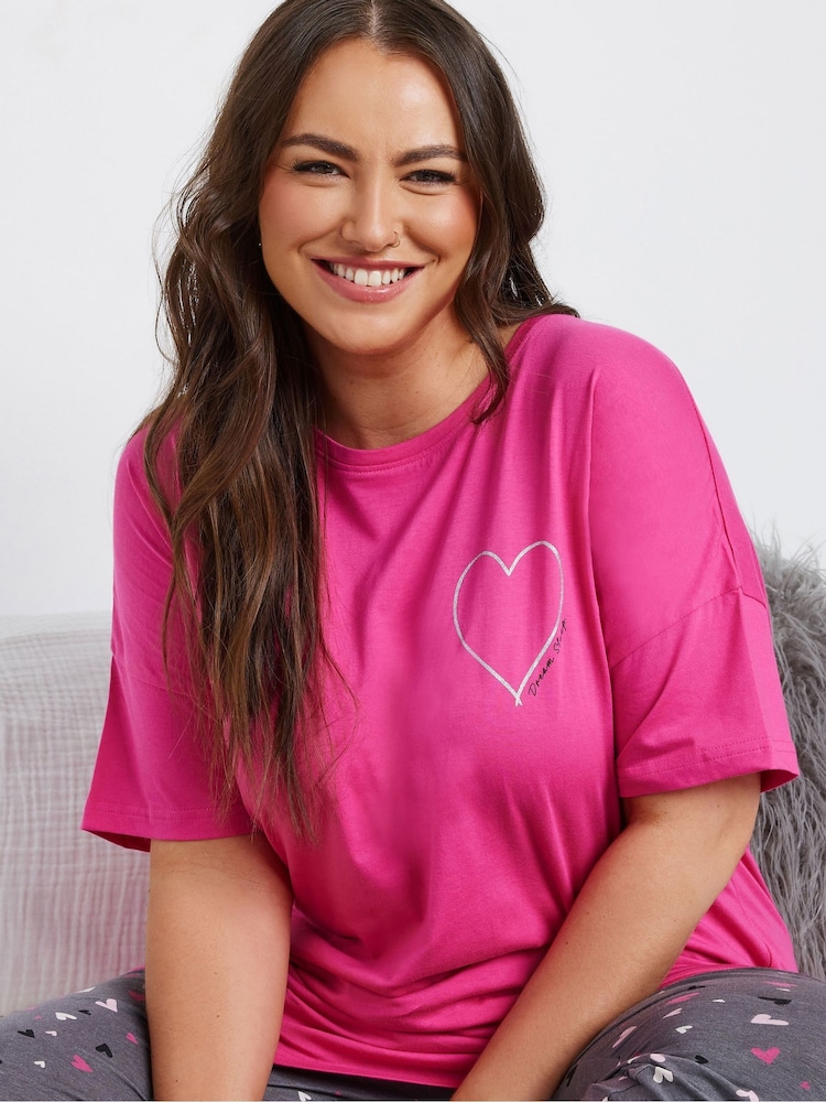 Yours Curve Pink 100% Cotton Embroidered Heart Sleeptee Top - Image 4 of 5