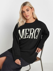 Yours Curve Black Slogan Merci Jumper - Image 1 of 5