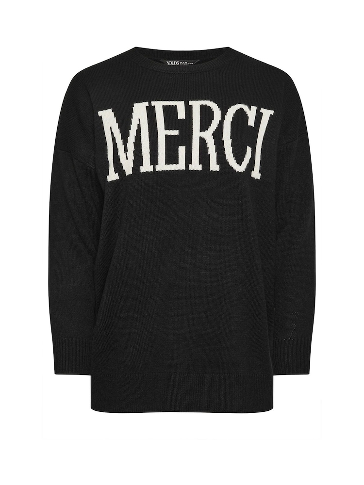 Yours Curve Black Slogan Merci Jumper - Image 5 of 5