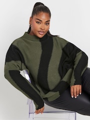 Yours Curve Green Oversized Colourblock Swirl Jumper - Image 1 of 5