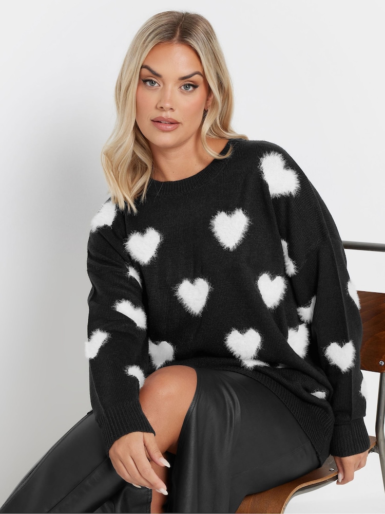 Yours Curve Black Fluffy Heart Print Jumper - Image 1 of 5