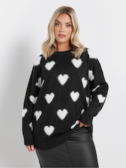 Yours Curve Black Fluffy Heart Print Jumper - Image 2 of 5