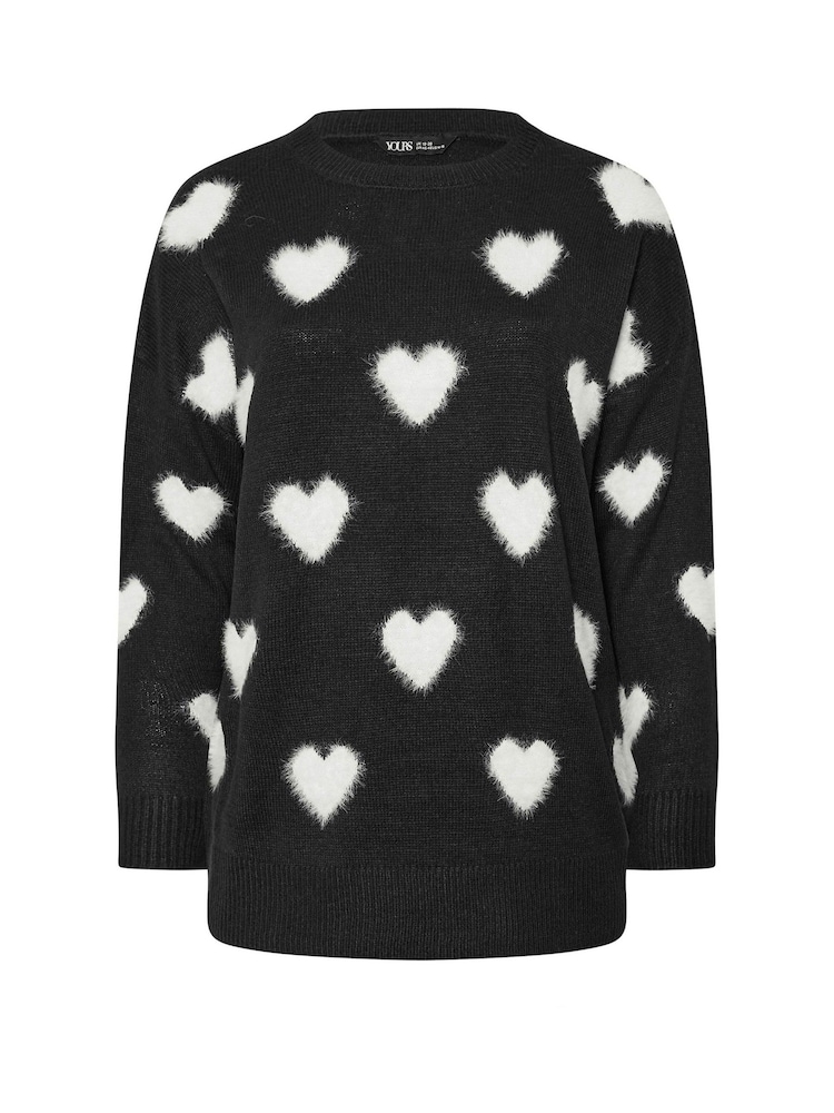 Yours Curve Black Fluffy Heart Print Jumper - Image 5 of 5