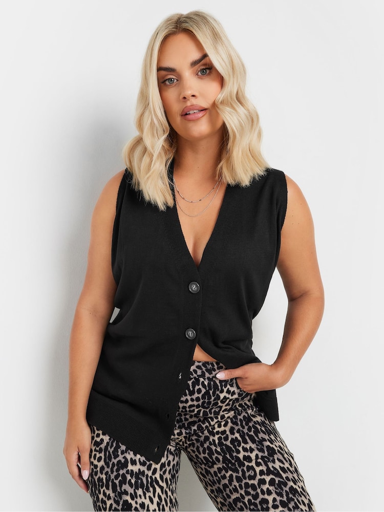 Yours Curve Black Knitted Button Vest - Image 1 of 6