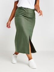 Yours Curve Green Coated Midaxi Front Slit Skirt - Image 1 of 6