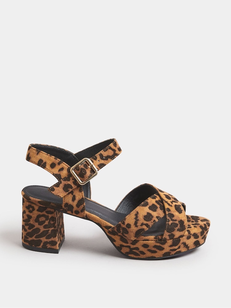 Yours Curve Brown Extra Wide Fit Leopard Print Cross-Over Strap Heels - Image 2 of 5