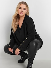 Yours Curve Black Button Sleeve Ribbed Jumper - Image 1 of 5