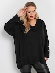 Yours Curve Black Button Sleeve Ribbed Jumper - Image 2 of 5