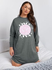 Yours Curve Grey Disco Diva Long Sleeve Nightdress - Image 1 of 5