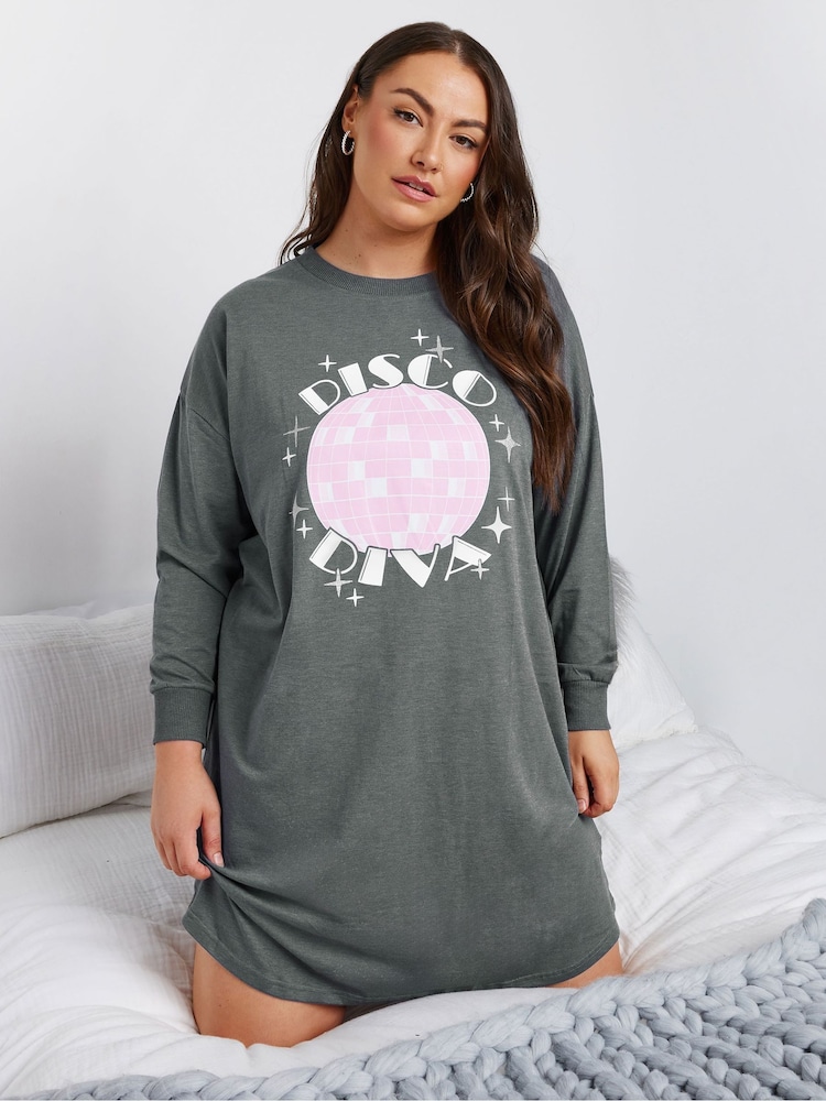 Yours Curve Grey Disco Diva Long Sleeve Nightdress - Image 1 of 5