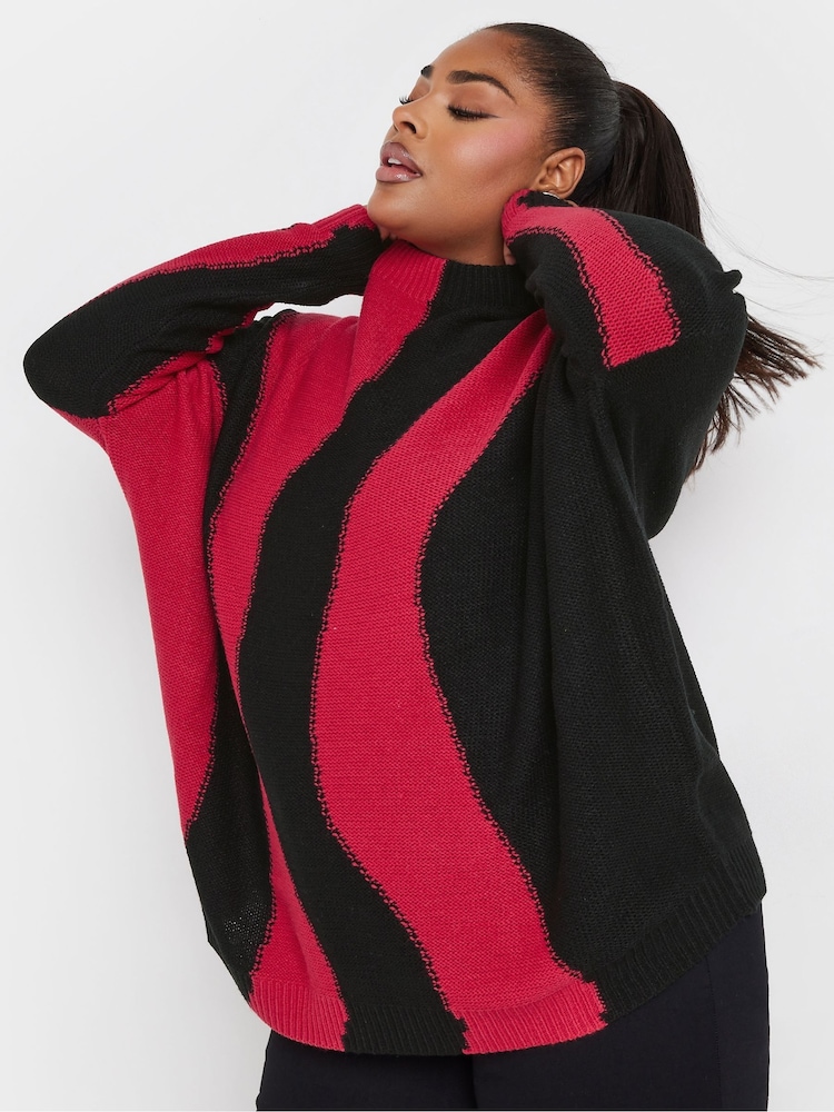 Yours Curve Red Oversized Colourblock Swirl Jumper - Image 1 of 5