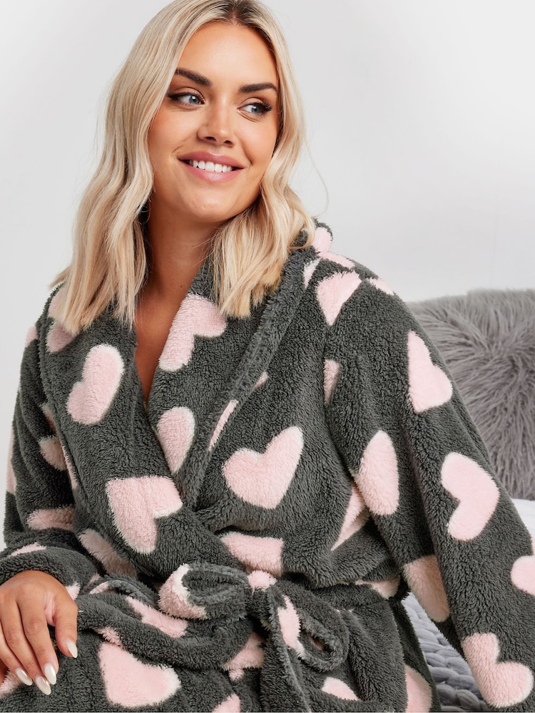 Yours Curve Grey Fluffy Heart Shawl Collar Robe - Image 4 of 5