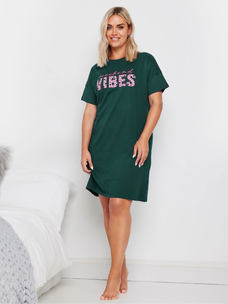 Yours Curve Green 100% Cotton Weekend Vibes Sleeptee Nighties - Image 1 of 5